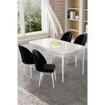 Canisa Gale Serisi 80x132 cm Açılabilir Beyaz Mermer Desen Mutfak Masa Takımı, 4 Siyah Sandalye