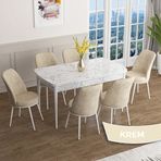 Canisa Han Serisi 70x114 Açılabilir Mdf Beyaz Mermer Desen Masa Takımı ve 6 Adet Krem Sandalye