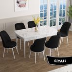 Canisa Han Serisi 70x114 Açılabilir Mdf Beyaz Mermer Desen Masa Takımı ve 6 Adet Siyah Sandalye