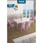 Canisa Han Serisi, 70X114 Açılabilir Mdf Masa Takımı, Beyaz Mermer Desen Masa Ve 6 Pembe Sandalye