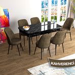 Canisa Han Serisi 70x114 Açılabilir Mdf Siyah Mermer Desen Masa Takımı ve 6 Adet Kahverengi Sandalye