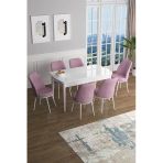 Canisa Han Serisi, Beyaz 70X114 Açılabilir Mdf Yemek Odası Takımı, 6 Pembe Sandalye