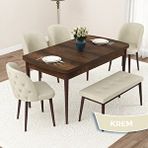 Canisa Jae Serisi 80x132 Açılabilir Barok Ahşap Desen Mutfak Masası Takımı ve 4 Krem Sandalye ve Krem 1 Bench