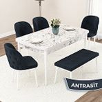 Canisa Jae Serisi 80x132 Açılabilir Beyaz Mermer Desen Mutfak Masası Takımı ve 4 Antrasit Sandalye ve Antrasit 1 Bench