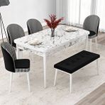 Canisa Jul Serisi 80x132 Açılabilir Beyaz Mermer Desen Mutfak Masası Takımı ve 4 Kazayağı Desen Sandalye ve 1 Bench