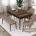 Canisa Kar Serisi 80x132 Açılabilir Mdf Beyaz Ceviz Ayak 4 Kahverengi Sandalye ve 1 Bench Kahverengi Masa Takımı