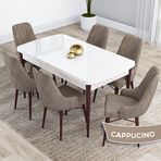 Canisa Kar Serisi 80x132 Açılabilir Mdf Beyaz Ceviz Ayak Masa Takımı ve 6 Adet Cappucino Sandalye