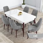 Canisa Kar Serisi 80x132 Açılabilir Mdf Beyaz Ceviz Ayak Masa Takımı ve 6 Adet Gri Sandalye
