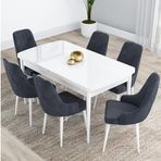 Canisa Kar Serisi 80x132 Açılabilir Mdf Beyaz Masa Takımı ve 6 Adet Antrasit Sandalye