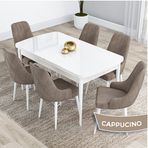 Canisa Kar Serisi 80x132 Açılabilir Mdf Beyaz Masa Takımı ve 6 Adet Cappucino Sandalye
