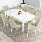 Canisa Kar Serisi 80x132 Açılabilir Mdf Beyaz Masa Takımı ve 6 Adet Krem Sandalye