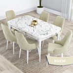 Canisa Kar Serisi 80x132 Açılabilir Mdf Beyaz Mermer Desen Masa Takımı ve 6 Adet Krem Sandalye