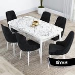 Canisa Kar Serisi 80x132 Açılabilir Mdf Beyaz Mermer Desen Masa Takımı ve 6 Adet Siyah Sandalye
