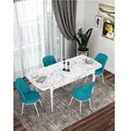 Canisa Kor Serisi 4 Sandalye Turkuaz Beyaz Mermer Desen 70x114 Açılabilir Mutfak Masa Takımı