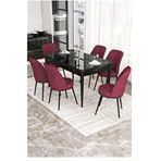 Canisa Kor Serisi 6 Sandalye Bordo Siyah Mermer Desen 70x114 Açılabilir Mutfak Masa Takımı