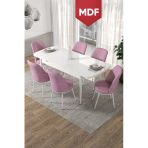 Canisa Kor Serisi 70X114 Açılabilir Mdf Mutfak Masası Takımı Beyaz Masa 6 Pembe Sandalye