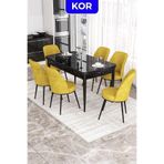 Canisa Kor Serisi 70x114 cm Açılabilir Mutfak Masası Takımı, Siyah Mermer Desen Masa, 6 Hardal Sarısı Sandalye 22KOR01SYHMR06