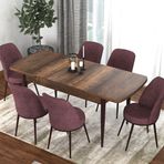 Canisa Kor Serisi Barok Ahşap Desen 70x114 cm Açılabilir 6 Sandalye Gül Kurusu Mutfak Masası Takımı