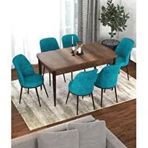 Canisa Kor Serisi Barok Ahşap Desen 70x114 cm Açılabilir 6 Sandalye Turkuaz Mutfak Masası Takımı