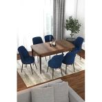 Canisa Kor Serisi Barok Ahşap Desen Açılabilir 70X114 Yemek Masası Takımı, 6 Lacivert Sandalye