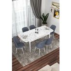 Canisa Kor Serisi, Beyaz Mermer Desen 70x114 Açılabilir Yemek Masa Takımı,6 Füme Sandalye