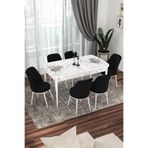 Canisa Kor Serisi Beyaz Mermer Desen 70x114 cm Açılabilir Yemek Masa Takımı, 6 Siyah Sandalye
