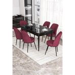 Canisa Kor Serisi Siyah Mermer Desen 70x114 cm Açılabilir Yemek Masası Takımı, 6 Bordo Sandalye