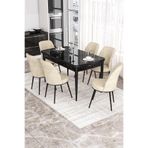 Canisa Kor Serisi Siyah Mermer Desen 70x114 cm Açılabilir Yemek Masası Takımı, 6 Krem Sandalye
