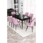 Canisa Kor Serisi Siyah Mermer Desen 70x114 cm Açılabilir Yemek Masası Takımı, 6 Pembe Sandalye
