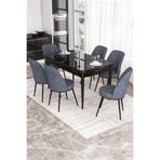 Canisa Kor Serisi Siyah Mermer Desen 70x114 cm Açılabilir Yemek Masası Takımı, 6 Sandalye, Füme