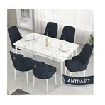 Canisa Lav Serisi 80x132 Beyaz Mermer Desen Masa Takımı ve Gold Halkalı 6 Adet Antrasit Sandalye