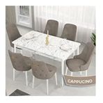 Canisa Lav Serisi 80x132 Beyaz Mermer Desen Masa Takımı ve Gold Halkalı 6 Adet Cappucino Sandalye