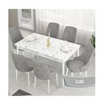 Canisa Lav Serisi 80x132 Beyaz Mermer Desen Masa Takımı ve Gold Halkalı 6 Adet Gri Sandalye