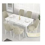 Canisa Lav Serisi 80x132 Beyaz Mermer Desen Masa Takımı ve Gold Halkalı 6 Adet Krem Sandalye