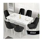 Canisa Lav Serisi 80x132 Beyaz Mermer Desen Masa Takımı ve Gold Halkalı 6 Adet Siyah Sandalye