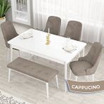 Canisa Lav Serisi 80x132 Beyaz Mutfak Masa Takımı Gold Halkalı 4 Cappucino Sandalye ve Cappucino 1 Bench