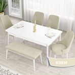 Canisa Lav Serisi 80x132 Beyaz Mutfak Masa Takımı Gold Halkalı 4 Krem Sandalye ve Krem 1 Bench