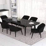 Canisa Lav Serisi 80x132 Siyah Mermer Desen Gold Halkalı 4 Siyah Sandalye ve 1 Bench Siyah Masa Takımı