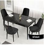 Canisa Lav Serisi 80x132 Siyah Mermer Desen Masa Takımı ve Gold Halkalı 4 Adet Siyah Sandalye