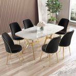 Canisa Lena Serisi 90 x 160 cm Lak Panel Beyaz Mermer Desen Gold Kaplama Ayaklı Masa Takımı Ve 6 Sandalye - Siyah