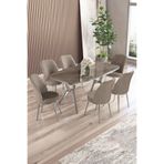 Canisa Lena Serisi 90x160 cm Antrasit İroni Masa, Cappucino Sandalye, Krom Ayaklar, 6 Kişilik Yemek Odası Takımı