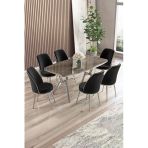 Canisa Lena Serisi 90x160 Lak Panel Antrasit İroni Krom Kaplama Ayaklı Masa Takımı ve 6 Siyah Sandalye