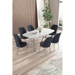 Canisa Lena Serisi 90x160 Lak Panel Beyaz Mermer Desen Krom Ayaklı Masa Takımı ve 6 Antrasit Sandalye
