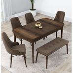 Canisa Lia Serisi 4 Sandalye ve 1 Bench Kahverengi 80x132 Açılabilir Barok Ahşap Desen Mutfak Masa Takımı