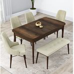Canisa Lia Serisi 4 Sandalye ve 1 Bench Krem 80x132 Açılabilir Barok Ahşap Desen Mutfak Masa Takımı