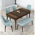 Canisa Lia Serisi 4 Sandalye ve 1 Bench Su Yeşili 80x132 Açılabilir Barok Ahşap Desen Mutfak Masa Takımı