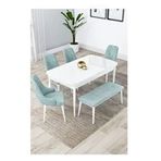 Canisa Lia Serisi 80x132 cm Açılabilir Beyaz Masa 4 Sandalye ve 1 Bench Su Yeşili Mutfak Masası Takımı
