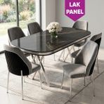 Canisa Lindia Serisi 90X168 Lak Panel Siyah Mermer Desen Krom Ayaklı Masa Takımı 6 Gri Sandalye