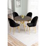 Canisa Mos Serisi 90x90 cm Antrasit Lak Panel Masa, Gold Kaplama Ayaklı, 4 Siyah Sandalye Takımı