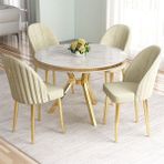 Canisa Mos Serisi 90X90 Lak Panel Beyaz Mermer Desen Gold Kaplama Ayaklı Mutfak Masası Takımı ve 4 Sandalye - Krem